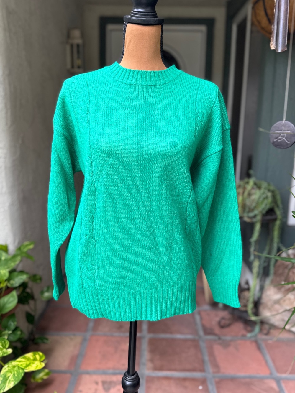 Vtg Nordstrom Point of View Green Crewneck Cable-Accent Sweater - Women